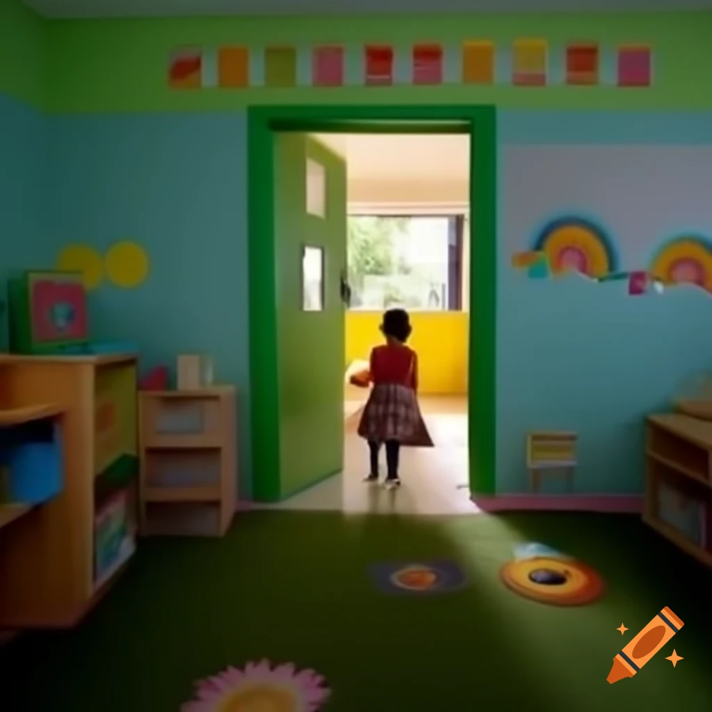 Child attempting to open locked door in colorful daycare nursery