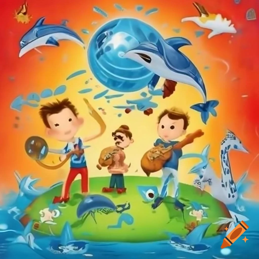 Cartoonish album cover with musicians, flying dolphins, giraffes, and rainbows