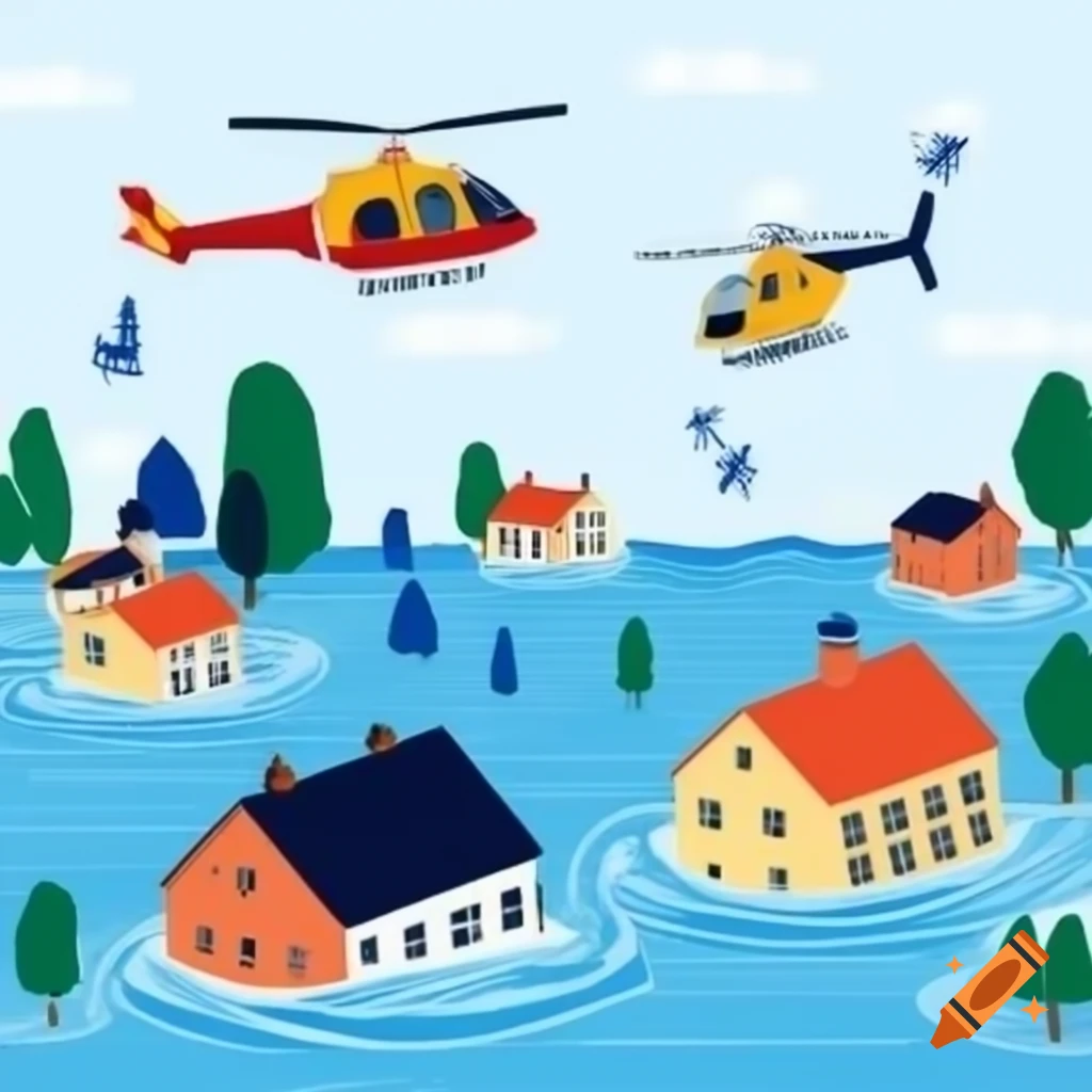 Clipart illustration of submerged buildings and trees with rescue helicopter above