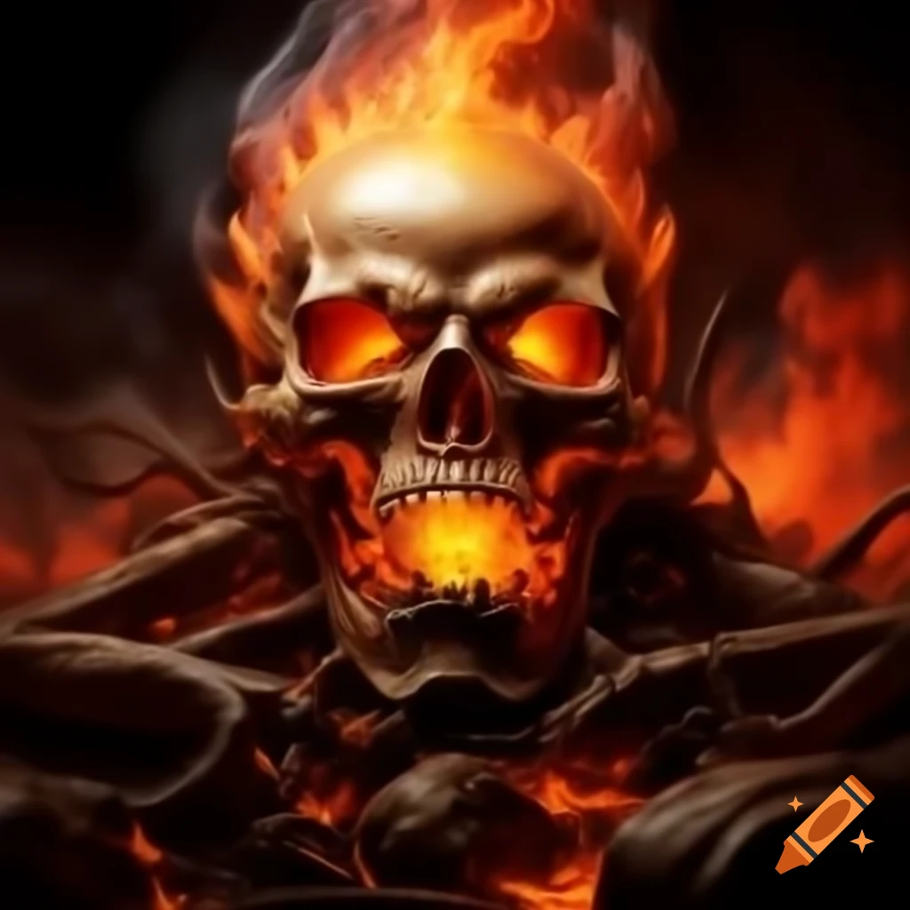 Massive flaming skull in a hellish landscape