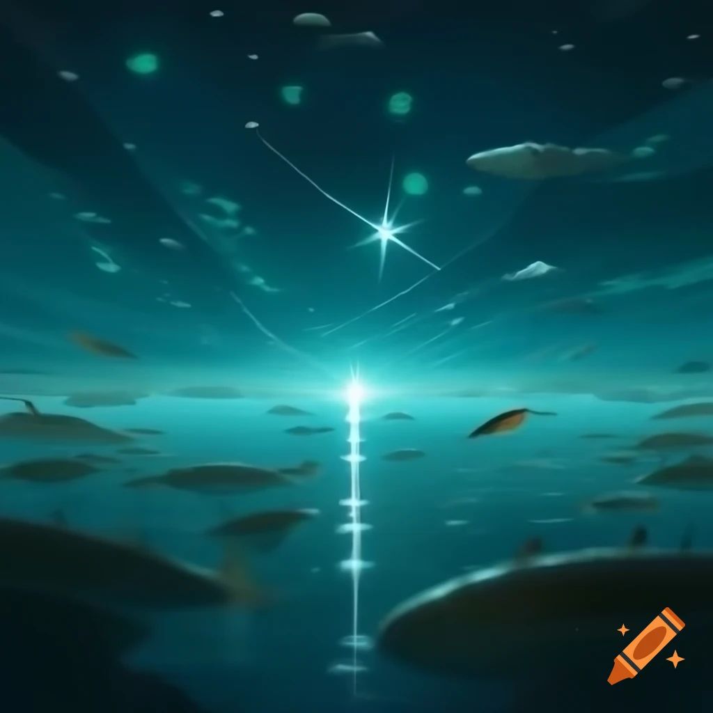 Retro space scene with small fish resembling stars in light cyan