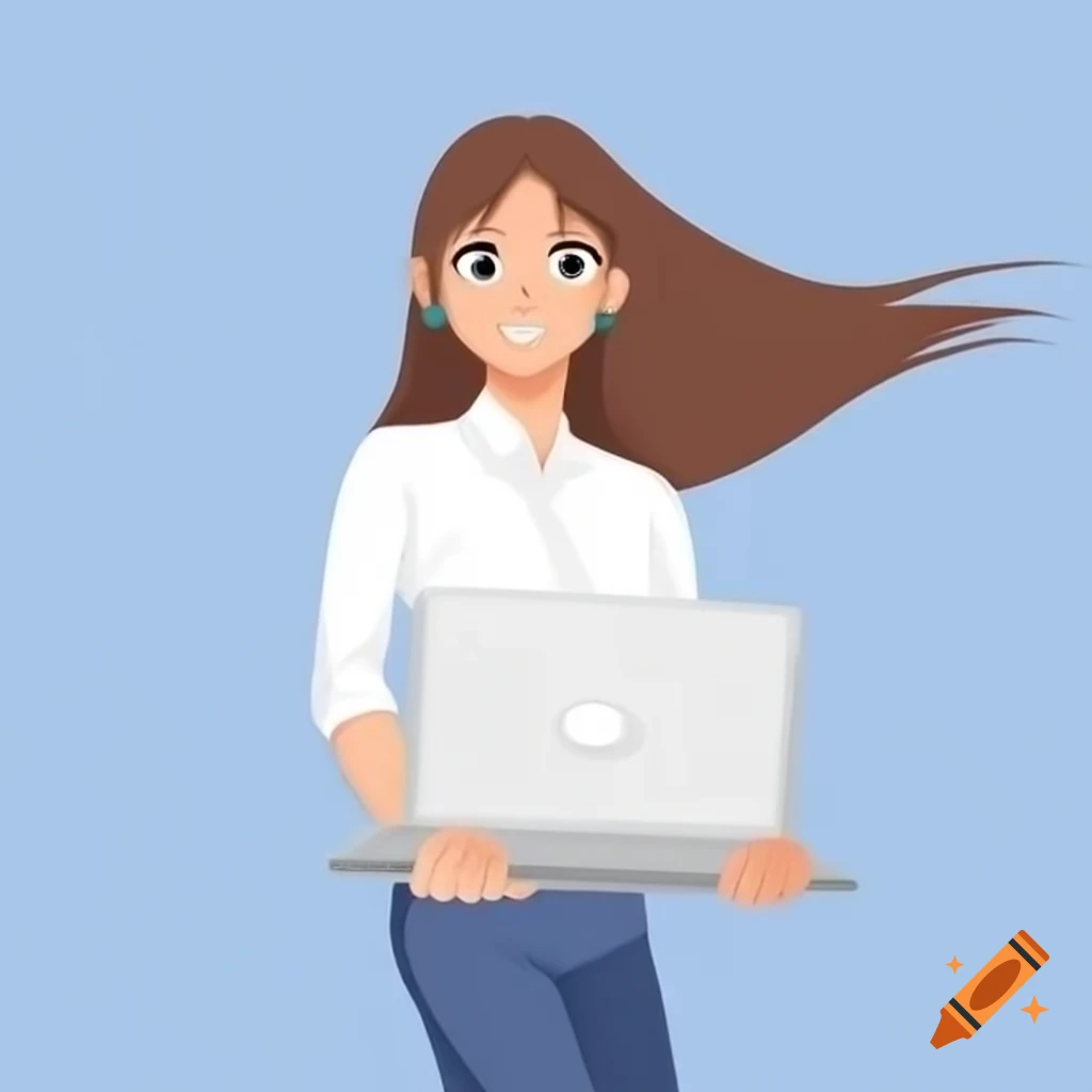 Happy determined woman with laptop and pencil walking swiftly