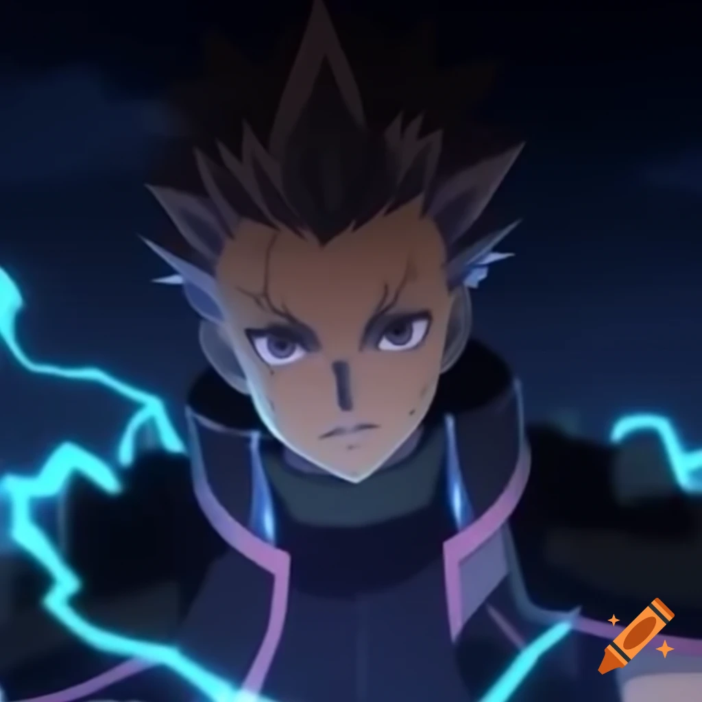 Anime character with big spiked hair and laser gauntlets