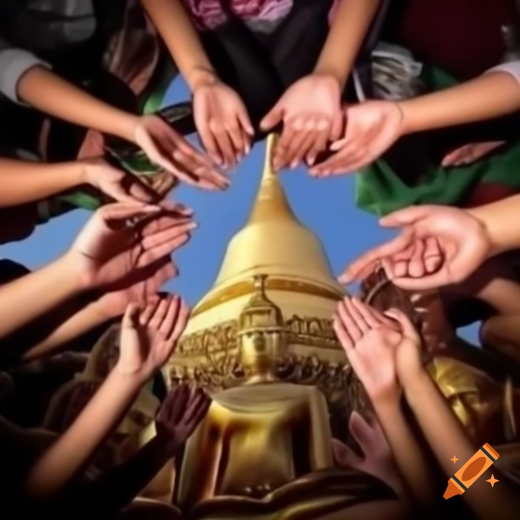 People applying water to Buddha statues in Thai temples with light shining