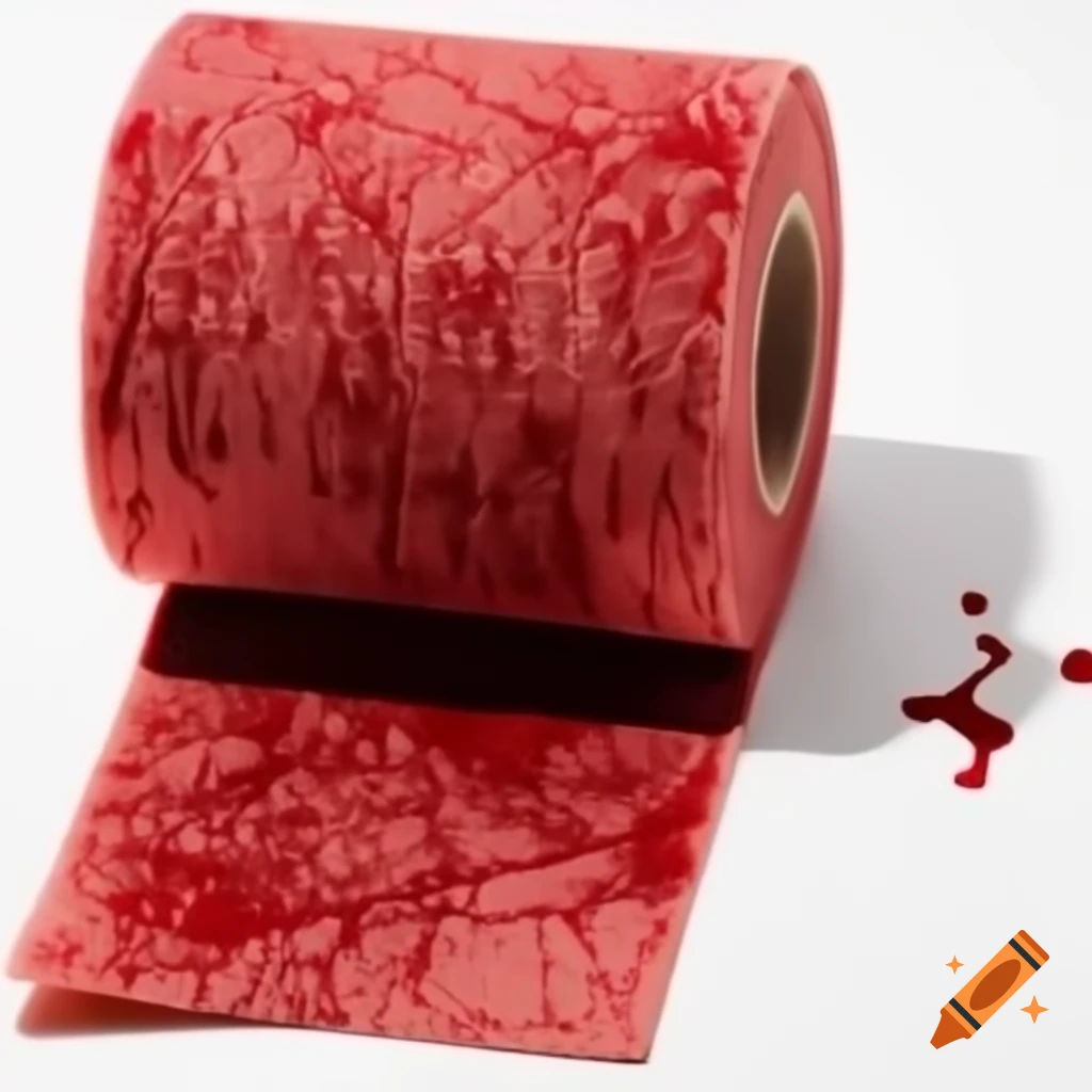 Red stained shag carpet shaped like toilet paper on white background