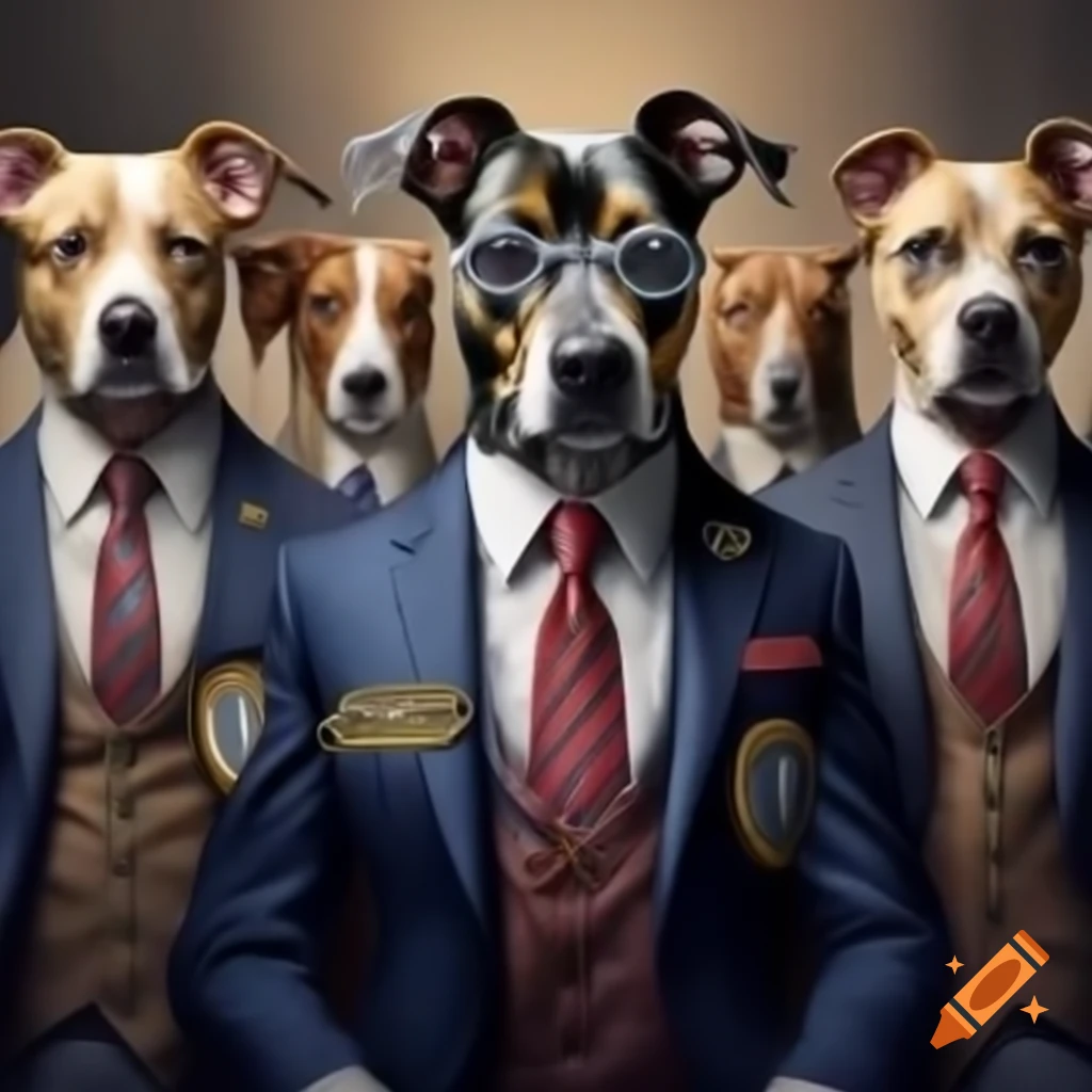 Five dogs in business suits with company dogs emblem
