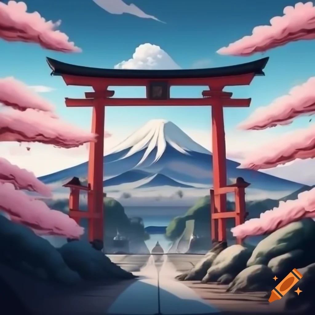 Mount Fuji with Torii gate and cherry blossom trees