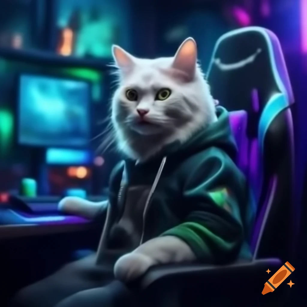 Frosty white cat with green eyes in black hoodie sitting in gaming chair with gaming setup