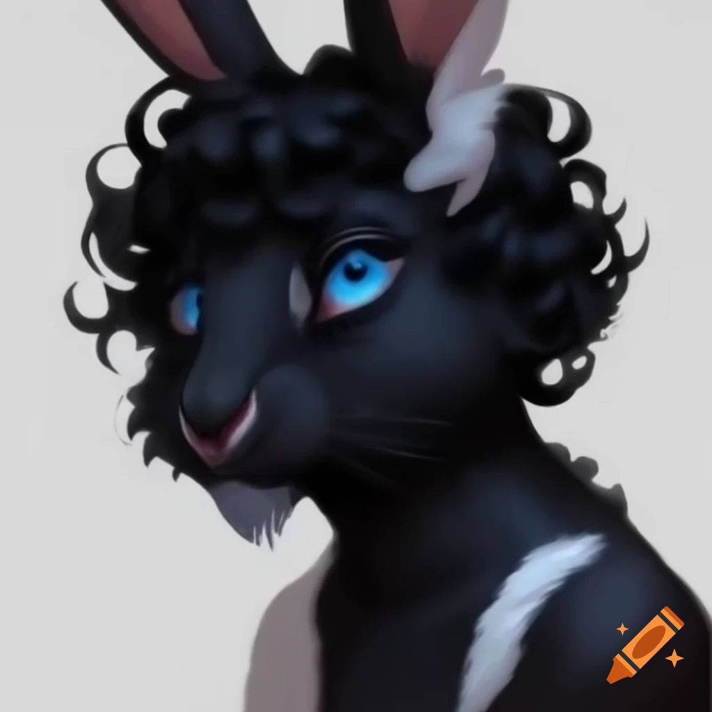 Anime humanoid furry bunny character with black fur and baby blue eyes
