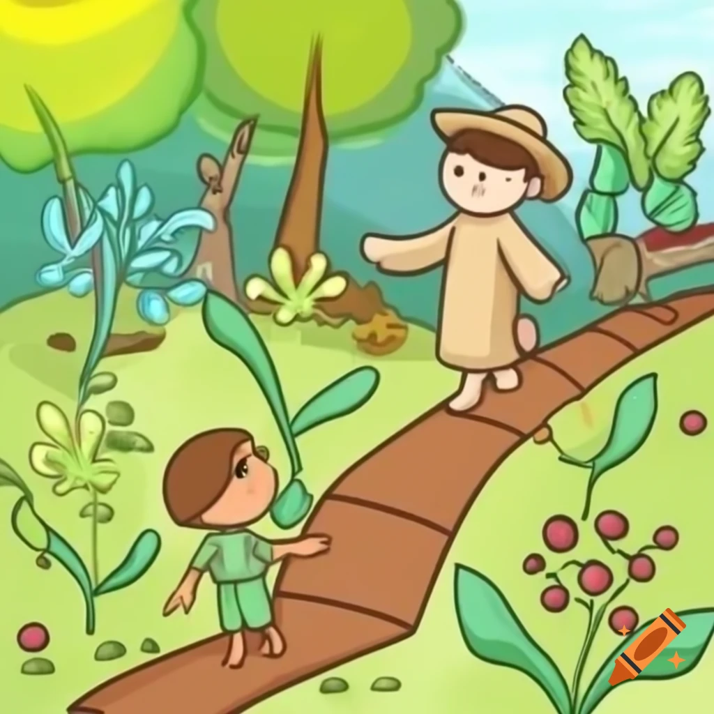 Sketch of seeds in soil near pathway with birds approaching, child-like style