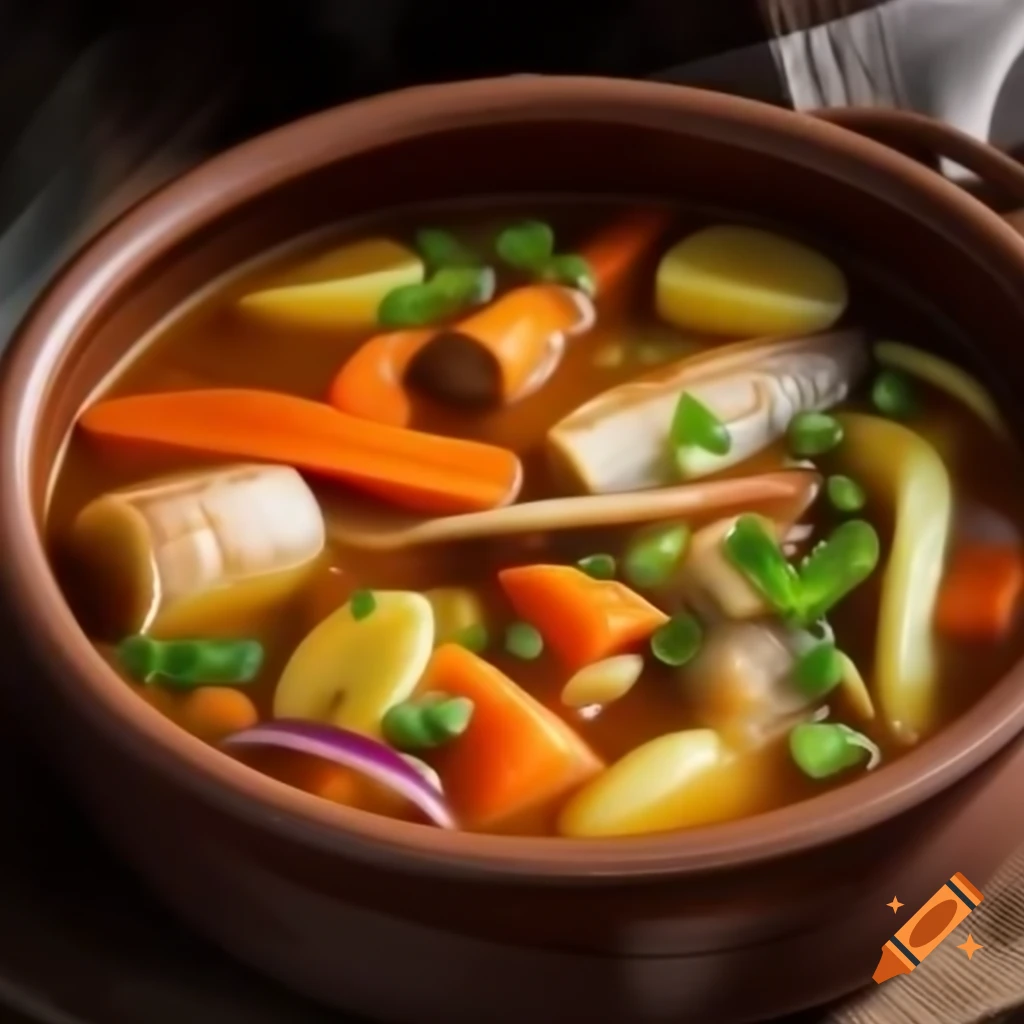 Oil painting of fish stew with vegetables in rustic clay pot