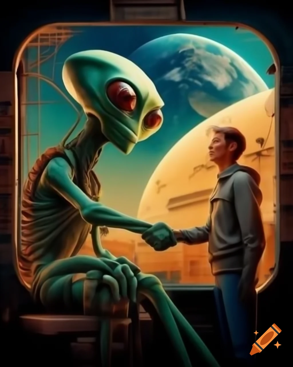 Retro-style movie poster of giant friendly alien shaking hands with human, vintage spaceship and Earth backdrop