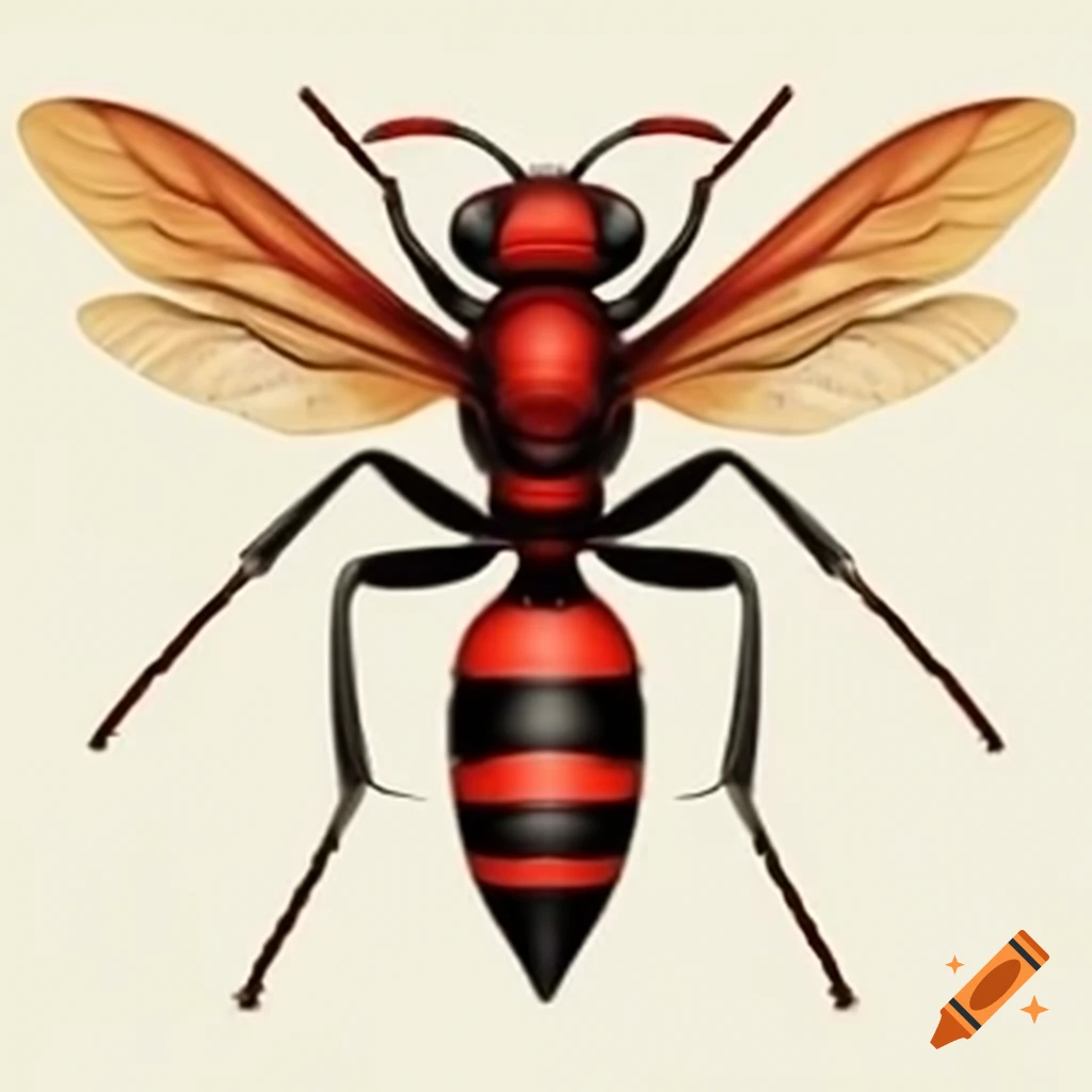 Graphic red wasp with wings and visible stinger