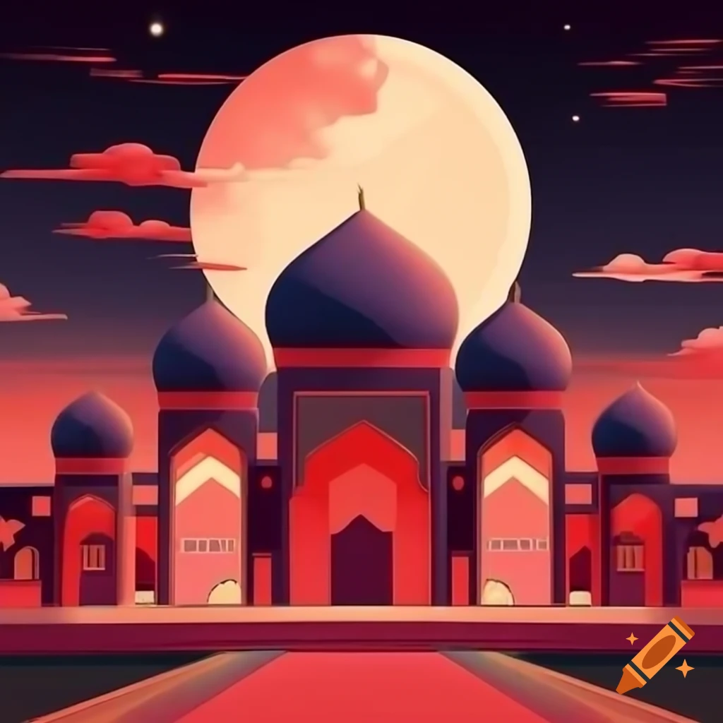 Persian domes and arches with large moon in red, pink, and gold ukiyo-e style