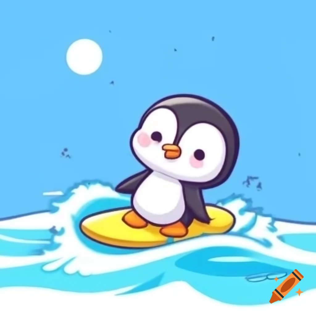 Cute chibi penguin surfing