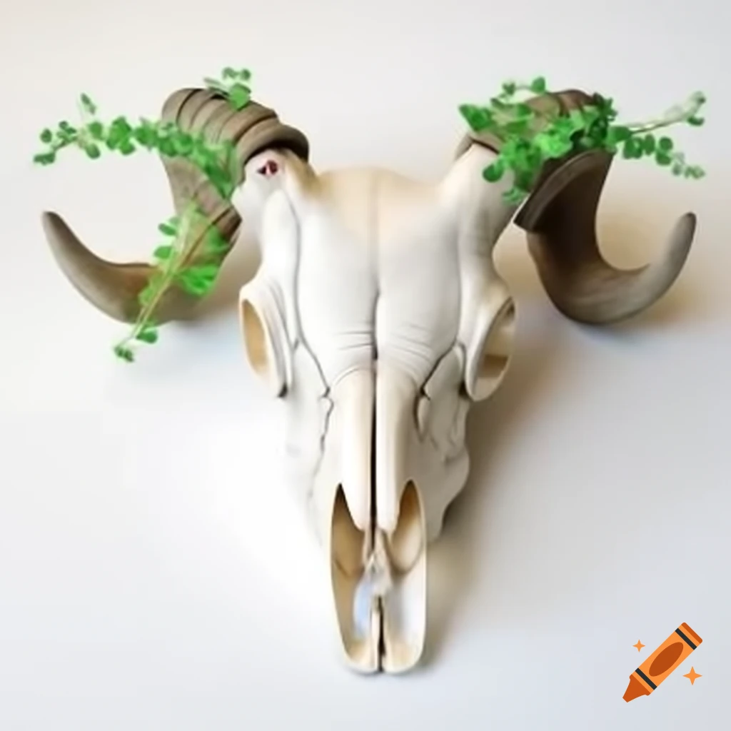 Realistic ram skull with green plants on white background