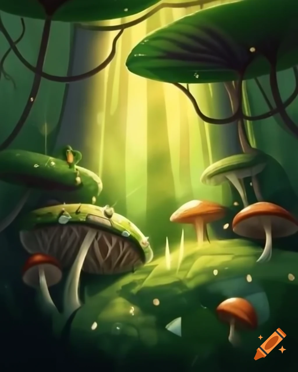 Fairy tale forest with mushrooms, glowing lightbugs, and magical ambiance