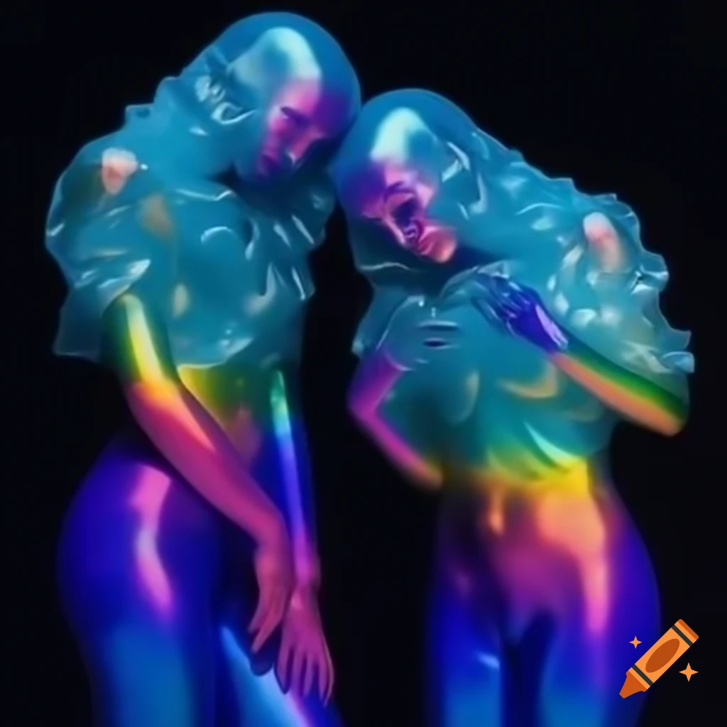 Realistic 2000s surreal photography featuring iridescent glass statue and psychedelic couple