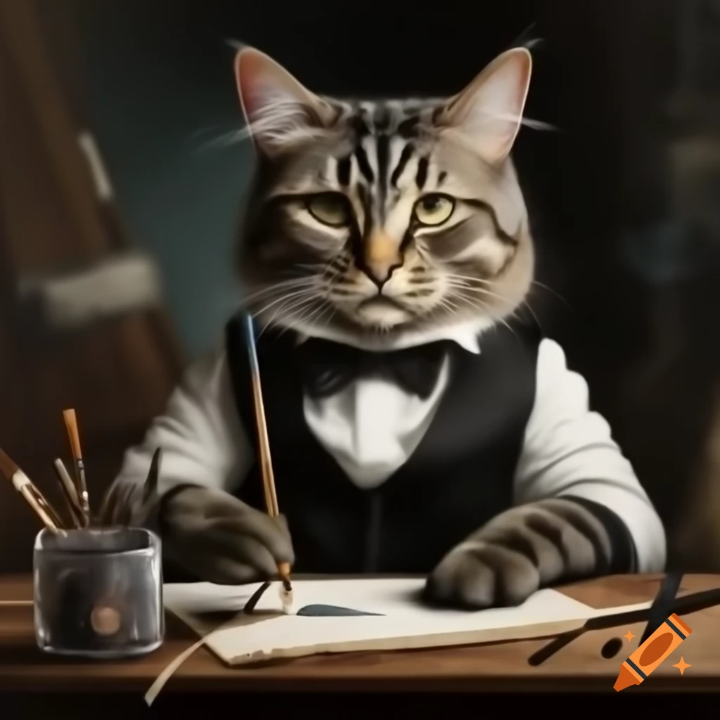 Tuxedo cat artist painting with a brush in a mystical setting