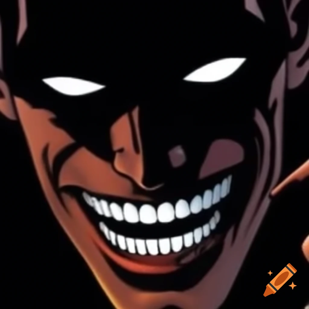 Comic-style close-up of man's intense smile with finger over lips in 'shh' gesture
