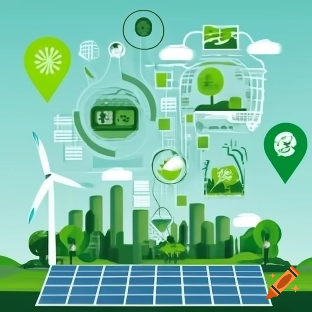 Poster design featuring modern cityscape with green technologies and solar energy theme