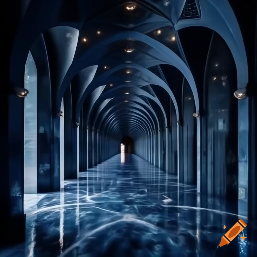 Dark blue marble hallways with sloped ceilings and glittering stars