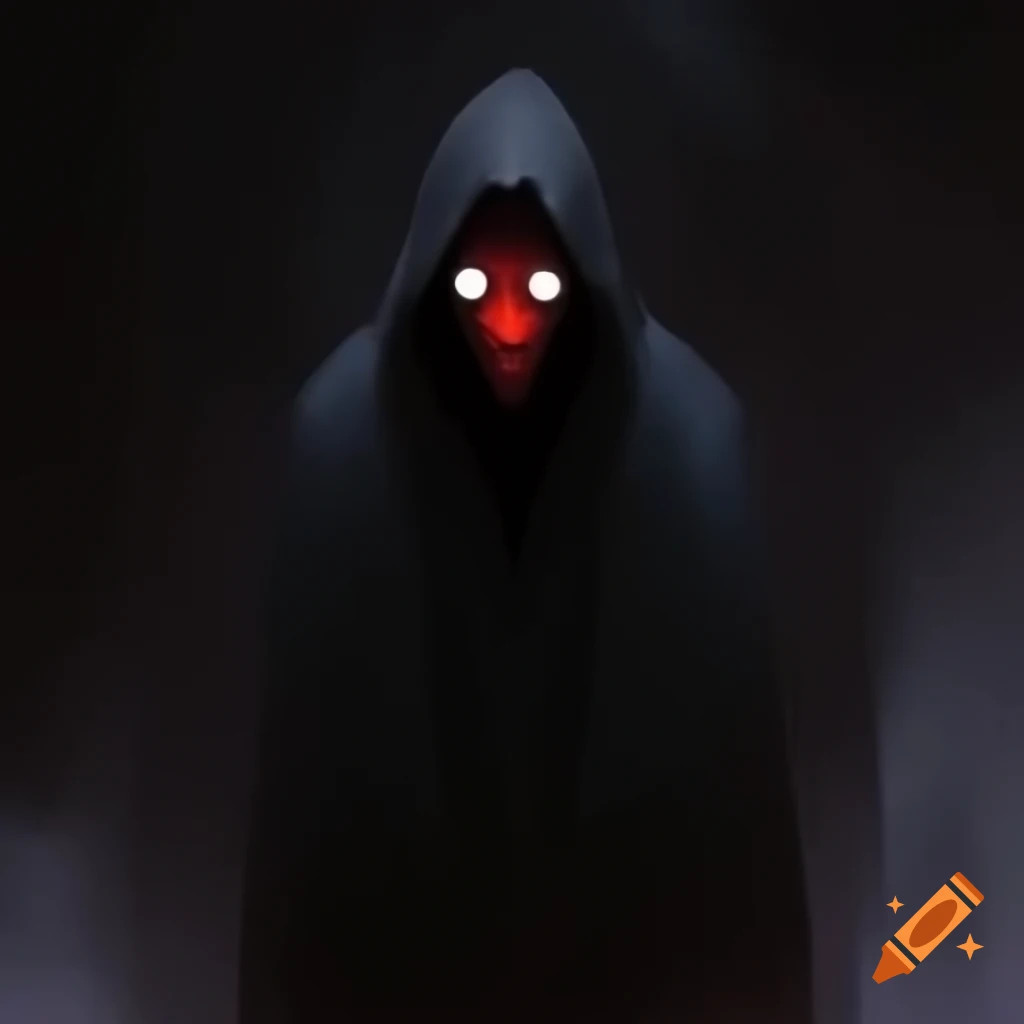 Mysterious figure in black robes and red hockey mask lurking in darkness