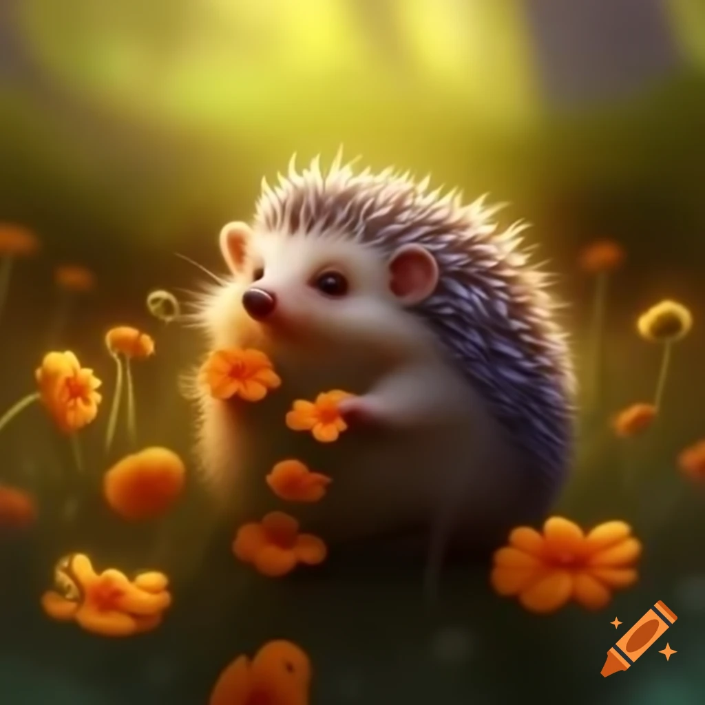 Whimsical scene of colorful hedgehogs in a glowing meadow