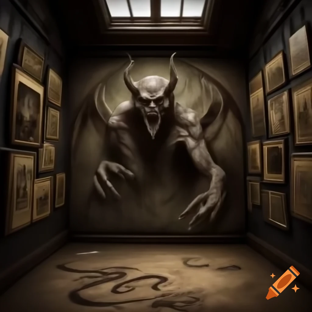 Realistic scary house interior with large room and demonic artwork on walls