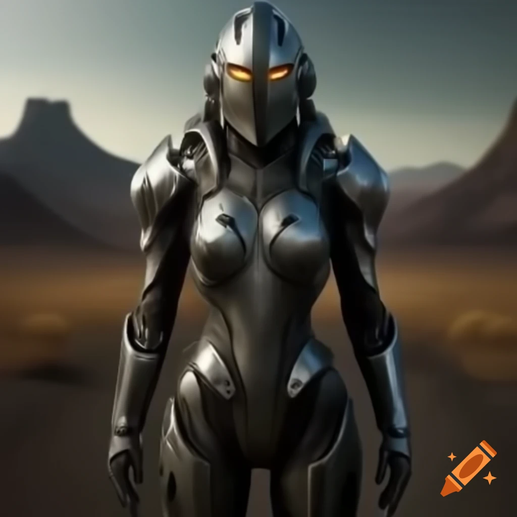 Futuristic knight standing in a wasteland