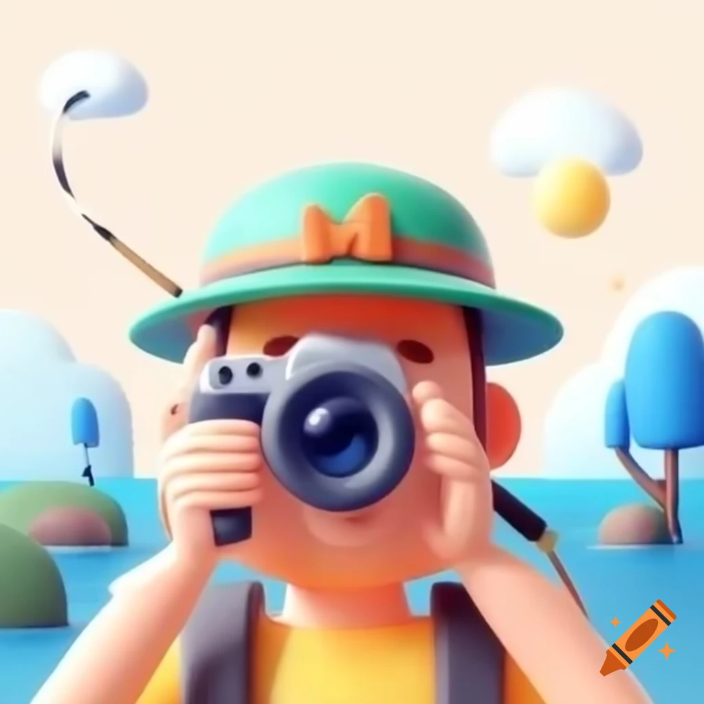 Cartoon dad with fisherman's hat taking pictures of scenery
