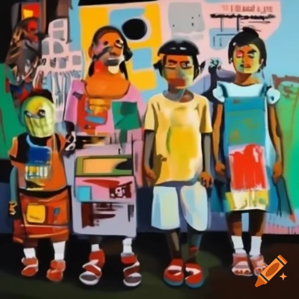 Playful children depicted in the style of Jean-Michel Basquiat