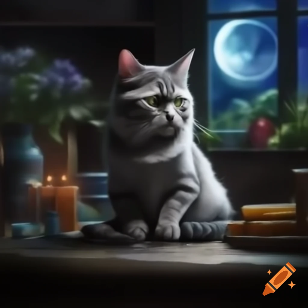 Luna, a magical silver-gray cat with glowing eyes, moving gracefully