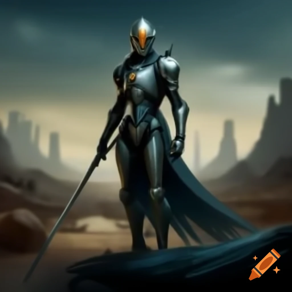 Futuristic knight standing in a desolate wasteland