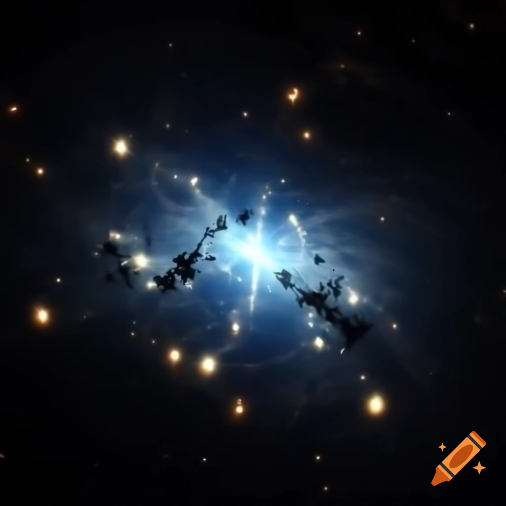 Glowing particles in space connected by light thread against starry background