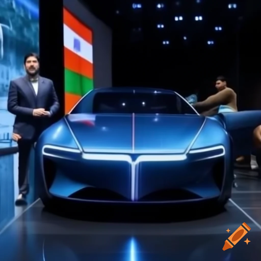 Futuristic Indian concept car with round LED headlights in showroom
