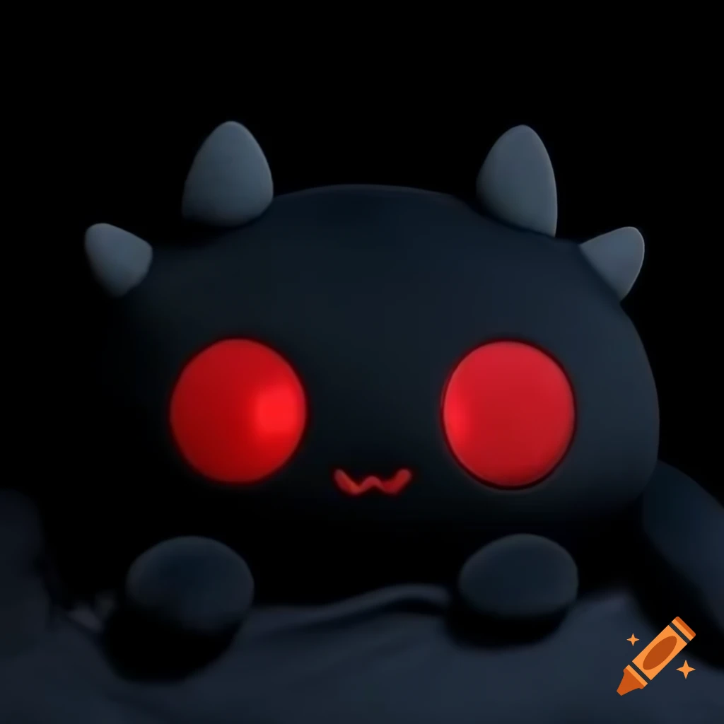 Cute demonic plush toy with red eye on black background