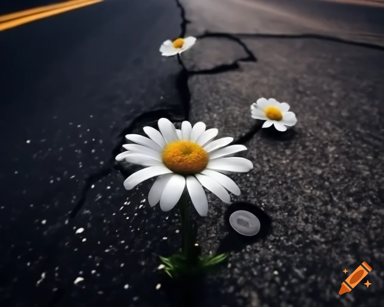 Daisies growing from cracked asphalt on abandoned city street, detailed painting