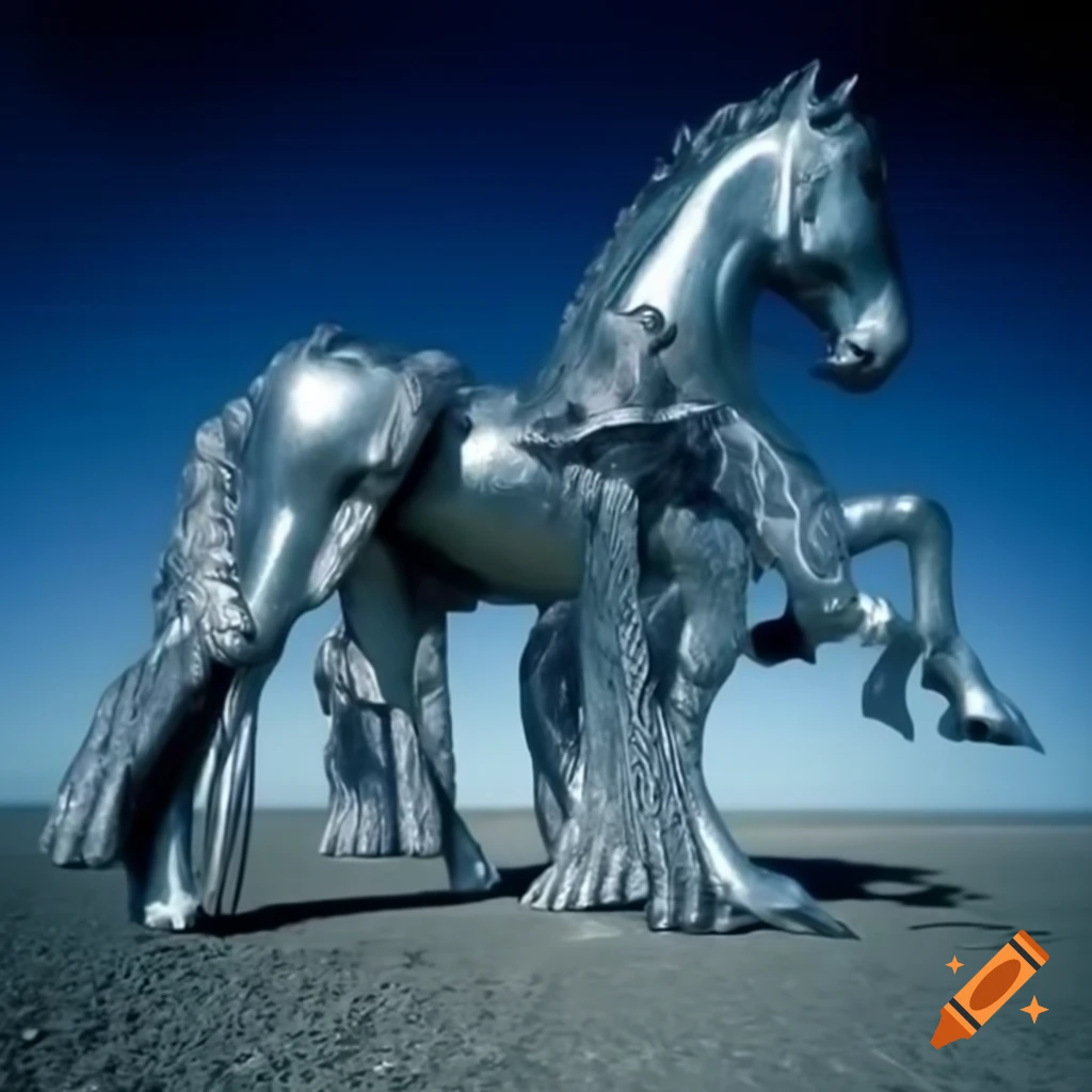 Pop surreal photography featuring anime silver statue