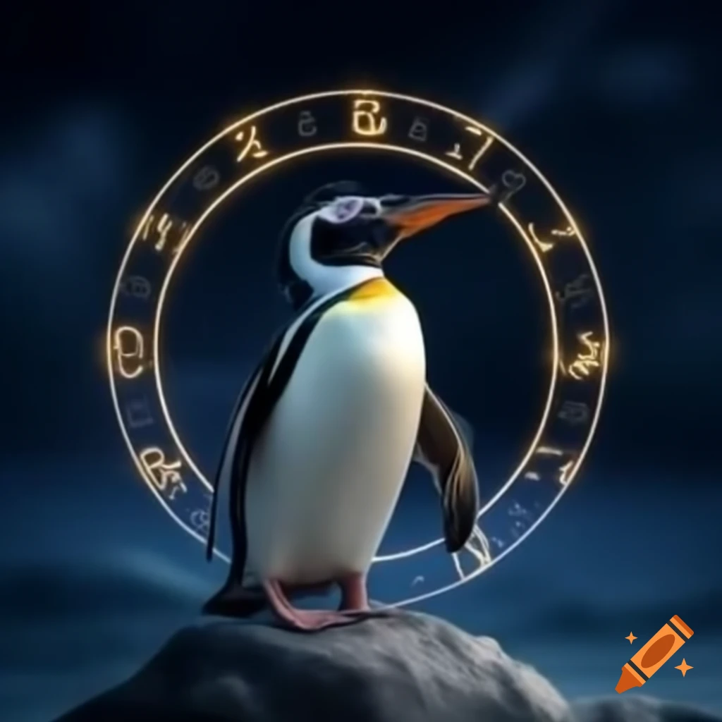 Penguins against a starry Zodiac night sky