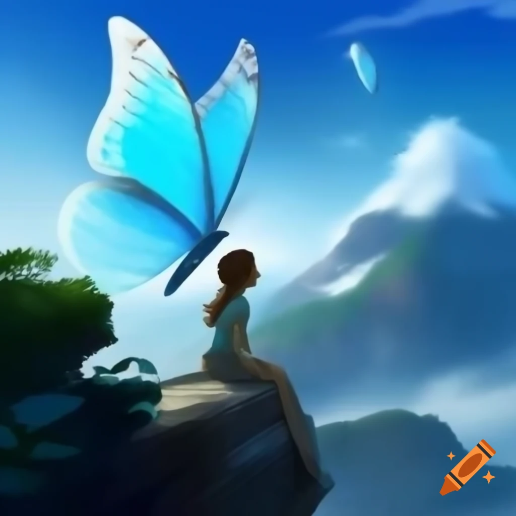 Giant blue butterfly flying down misty mountain with girl admiring it, fantasy art style