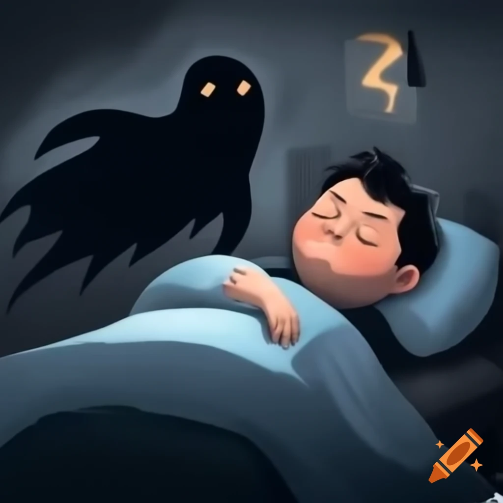 Asian boy sleeping with ghostly figure above, side view