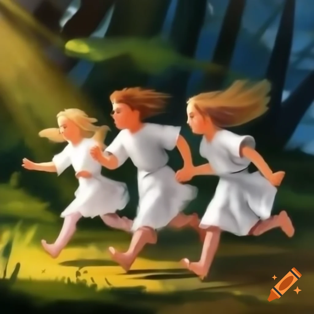 Renaissance oil painting of children in medieval clothing running in enchanted forest