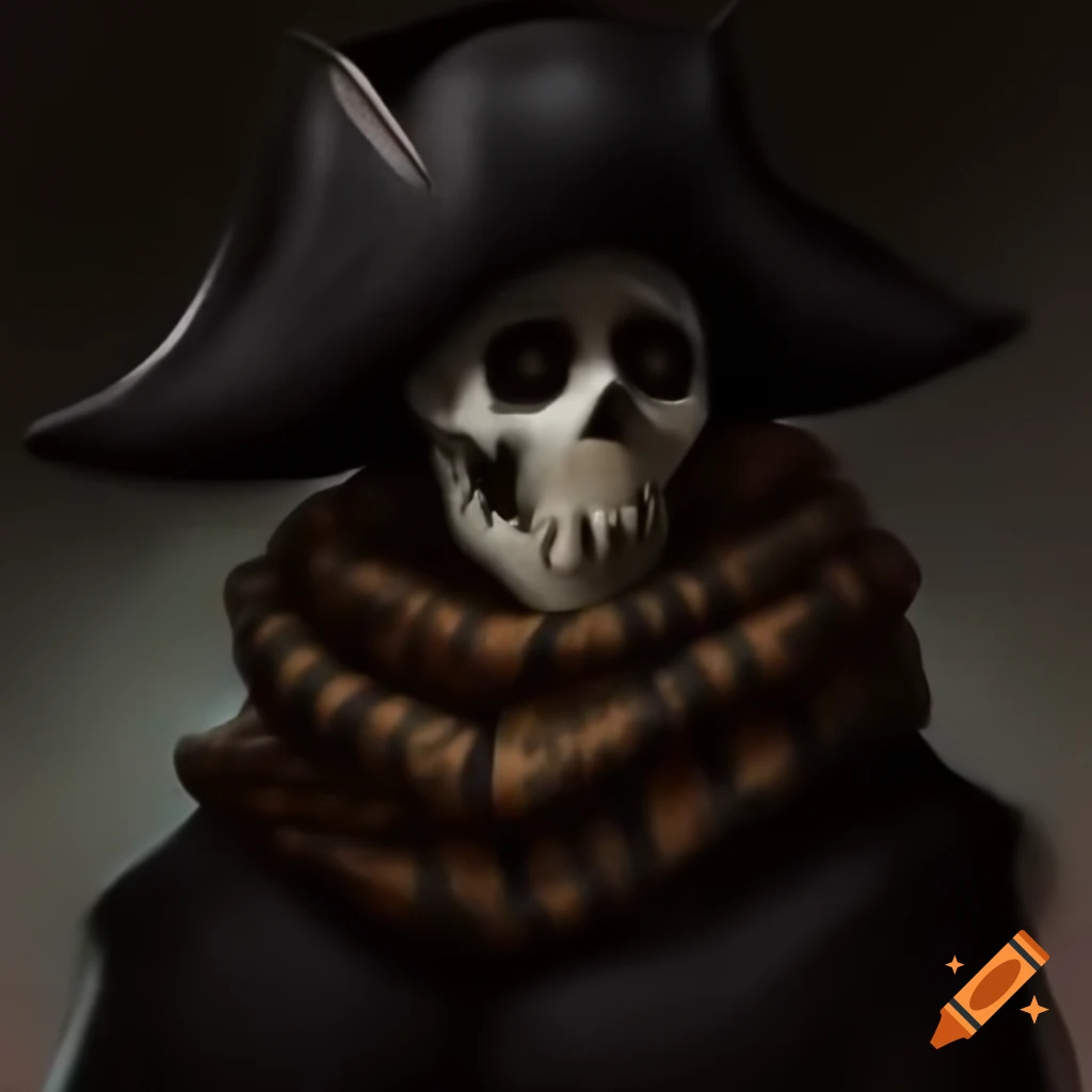 Mysterious cloaked figure with pirate hat and skeletal features