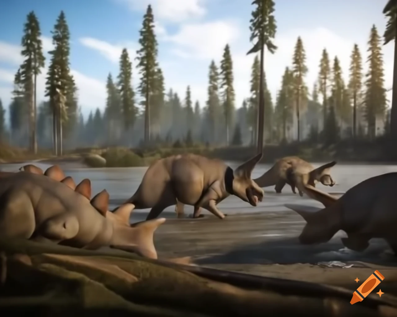 Herd of protoceratops crossing sunny river with fallen trees in British Columbia