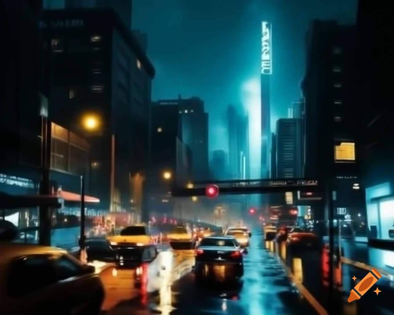 Cinematic night cityscape with neon lights and towering skyscrapers