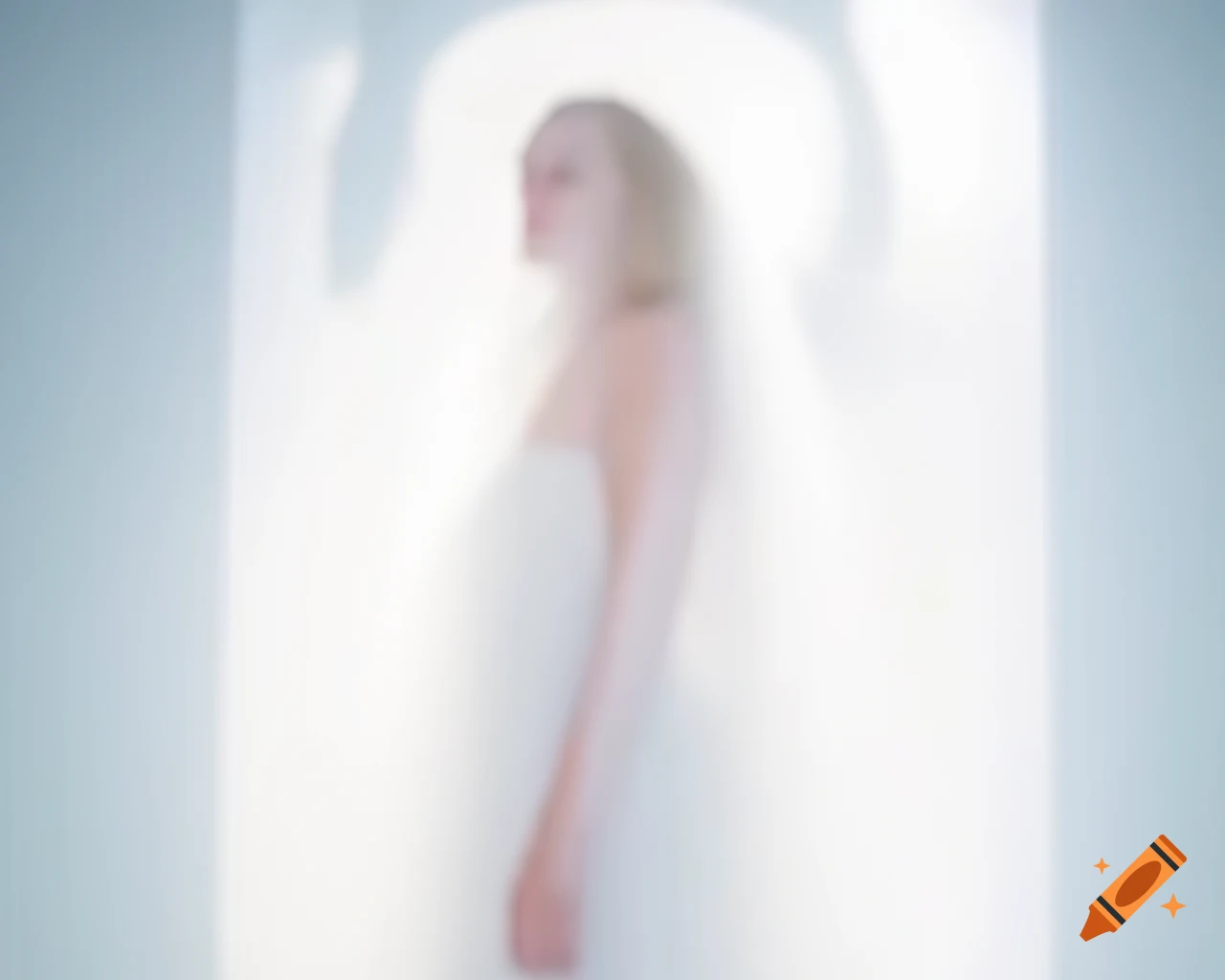 Ethereal woman in soft white light, conveying peace and purity