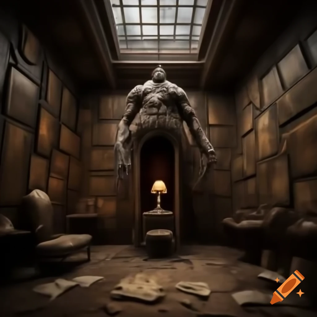 Realistic creepy house interior with demonic drawings on the walls