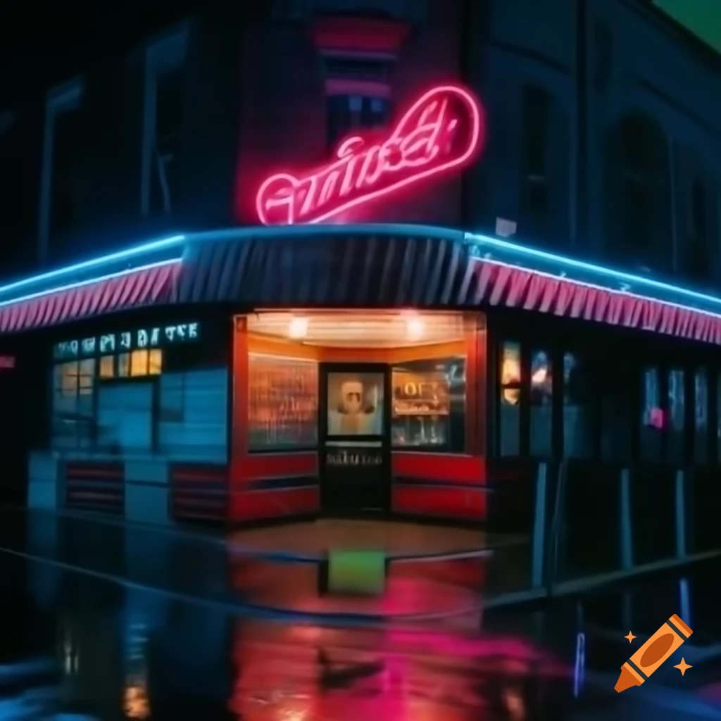 Rainy night outside old diner under neon sign