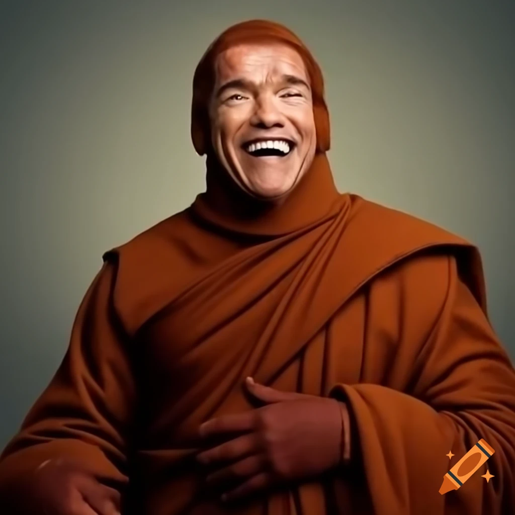 Arnold Schwarzenegger dressed as a monk laughing
